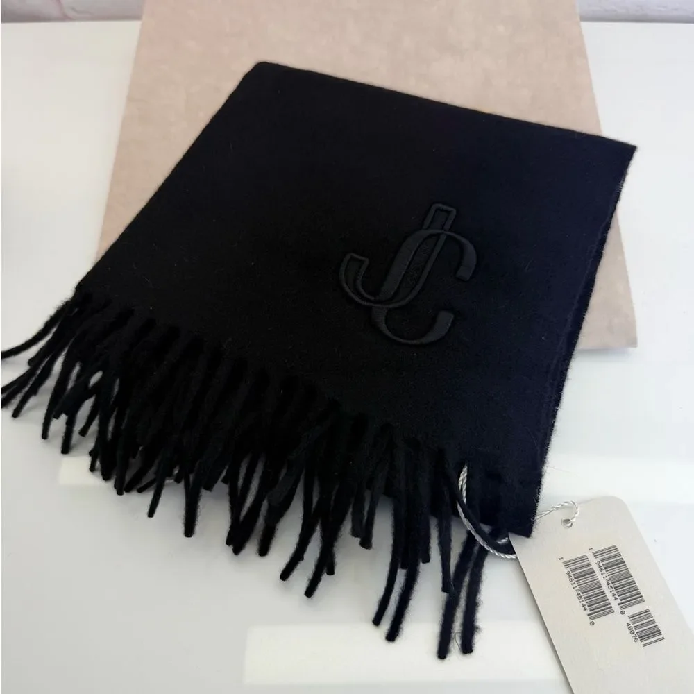 Jimmy Choo NWT Black Monogram Embroidered Fringe Scarf